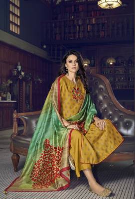 yellow silk semi stitched embroidered top & bottom with dupatta 1