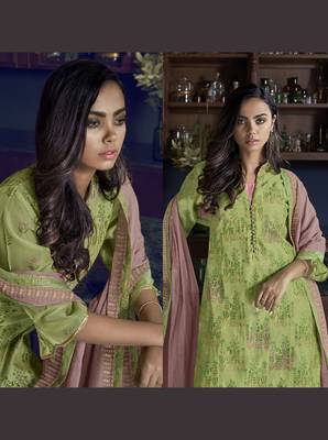 green Art Silk semi stitched embroidered top & bottom with dupatta 1