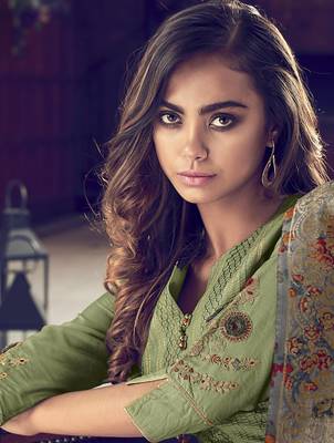 green Art Silk semi stitched embroidered top & bottom with dupatta 2