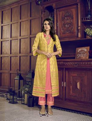 yellow Art Silk semi stitched embroidered top & bottom with dupatta 2
