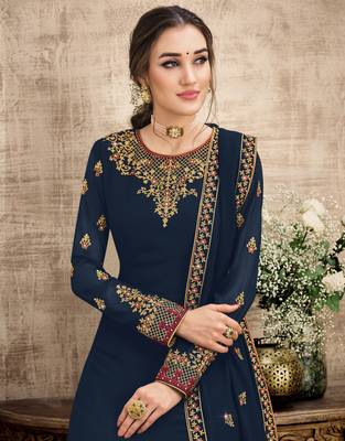 blue Georgette unstitched embroidered top & bottom with dupatta 2