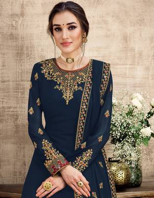blue Georgette unstitched embroidered top & bottom with dupatta 1