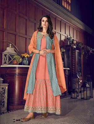 salmon Art Silk semi stitched embroidered top & bottom with dupatta 1