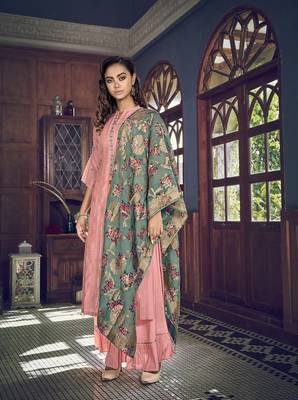 pink silk semi stitched embroidered top & bottom with dupatta 1