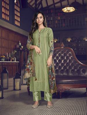 green silk semi stitched embroidered top & bottom with dupatta 2