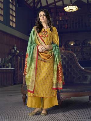 yellow silk semi stitched embroidered top & bottom with dupatta 2