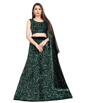 green embroidered velvet lehenga-choli with dupatta 1