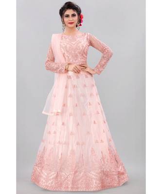 peach embroidered net lehenga-choli with dupatta 1