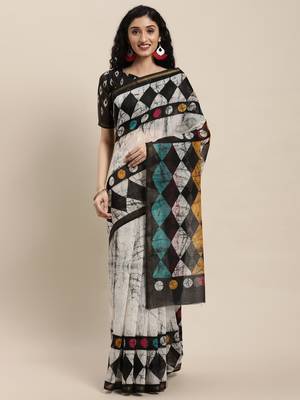 Divaastha White Tie and Dye Linen Blend Saree With Blouse 1