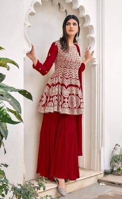women's Viscose Georgette RED Sharara Suit Embroidery Work with Dupatta Semi-Stitched suit 1