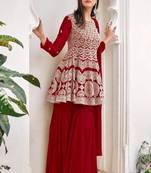 women's Viscose Georgette RED Sharara Suit Embroidery Work with Dupatta Semi-Stitched suit