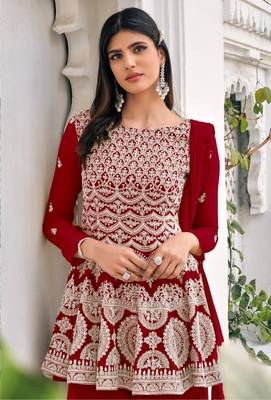 women's Viscose Georgette RED Sharara Suit Embroidery Work with Dupatta Semi-Stitched suit 2