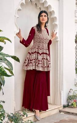 women's Viscose Georgette Yellow Sharara Suit Embroidery Work with Dupatta Semi-Stitched suit 1