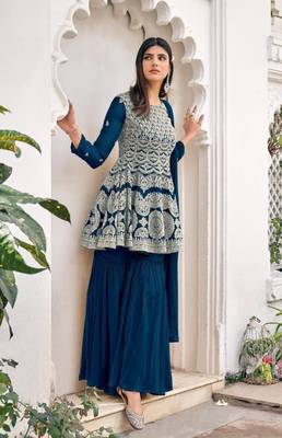 women's Viscose Georgette SEA BLUE Sharara Suit Embroidery Work with Dupatta Semi-Stitched suit 1