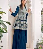 women's Viscose Georgette SEA BLUE Sharara Suit Embroidery Work with Dupatta Semi-Stitched suit