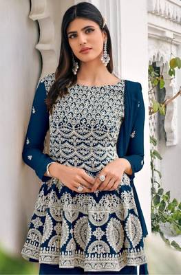 women's Viscose Georgette SEA BLUE Sharara Suit Embroidery Work with Dupatta Semi-Stitched suit 2
