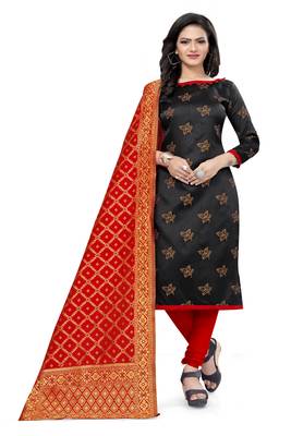  Black red Banarasi silk Unstitched dress material 2