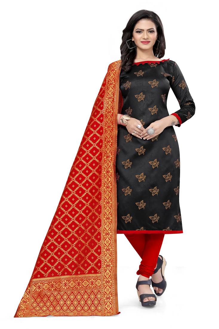  Black red Banarasi silk Unstitched dress material