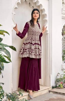 women's Viscose Georgette PURPLE Sharara Suit Embroidery Work with Dupatta Semi-Stitched suit 1