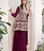 women's Viscose Georgette PURPLE Sharara Suit Embroidery Work with Dupatta Semi-Stitched suit