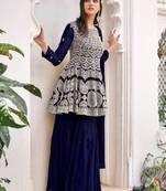 women's Viscose Georgette NEVY BLUE Sharara Suit Embroidery Work with Dupatta Semi-Stitched suit