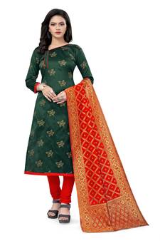  Green red Banarasi silk Unstitched dress material
