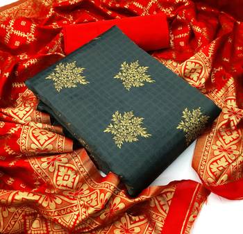  Grey red Banarasi silk Unstitched dress material 1