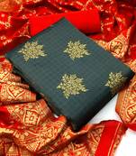  Grey red Banarasi silk Unstitched dress material