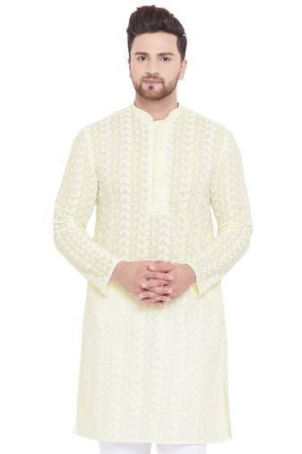 Men'S Yellow And White Cotton Kurta