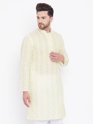Yellow And White Cotton Kurta 5