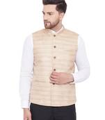 Beige Plain Silk Blend Nehru-Jacket