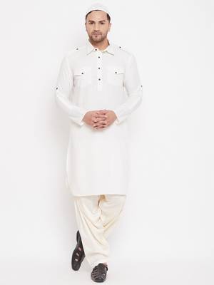 Beige plain blended cotton pathani-suits 2