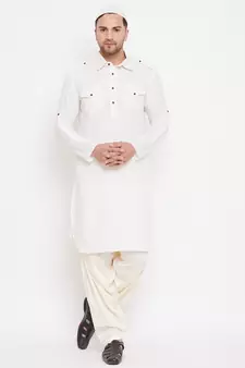 Beige plain blended cotton pathani-suits