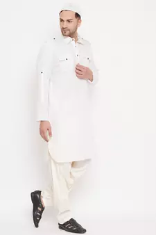 Beige plain blended cotton pathani-suits