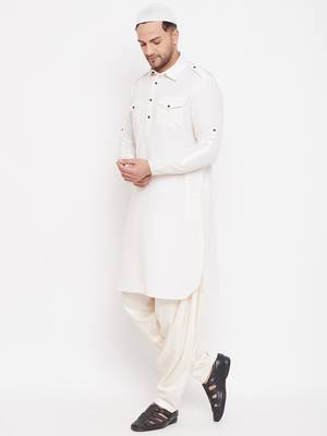 Beige plain blended cotton pathani-suits 5