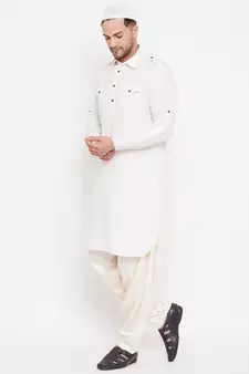 Beige plain blended cotton pathani-suits