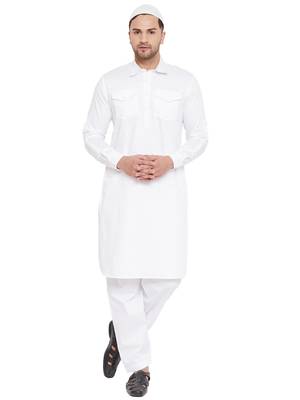 Men'S White Cotton Blend Pathani Kurta Set 1