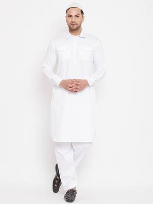 Men'S White Cotton Blend Pathani Kurta Set 2