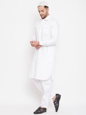 Men'S White Cotton Blend Pathani Kurta Set 3