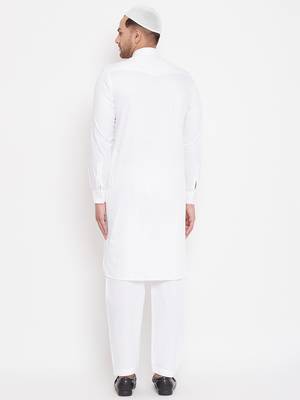Men'S White Cotton Blend Pathani Kurta Set 4