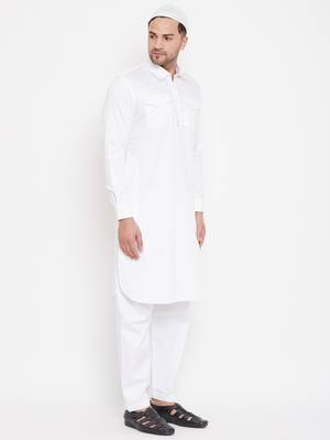 Men'S White Cotton Blend Pathani Kurta Set 5