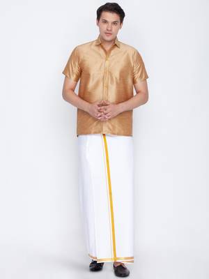 Copper woven silk blend shirt & mundu 2