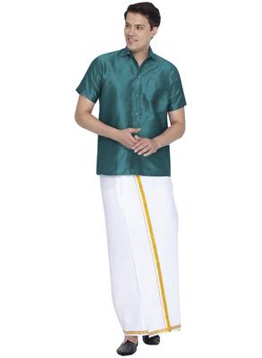 Green woven silk blend shirt & mundu 1