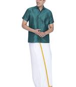 Green woven silk blend shirt & mundu