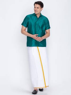 Green woven silk blend shirt & mundu 2