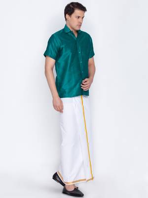 Green woven silk blend shirt & mundu 3