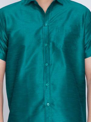 Green woven silk blend shirt & mundu 4