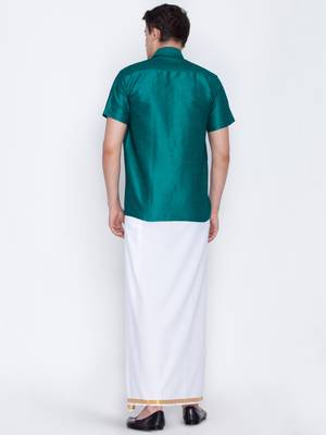 Green woven silk blend shirt & mundu 5