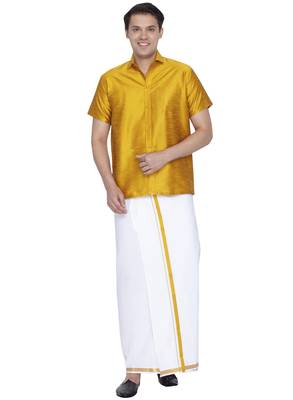 Yellow woven silk blend shirt & mundu 1