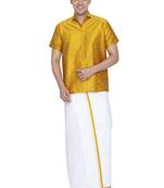 Yellow woven silk blend shirt & mundu